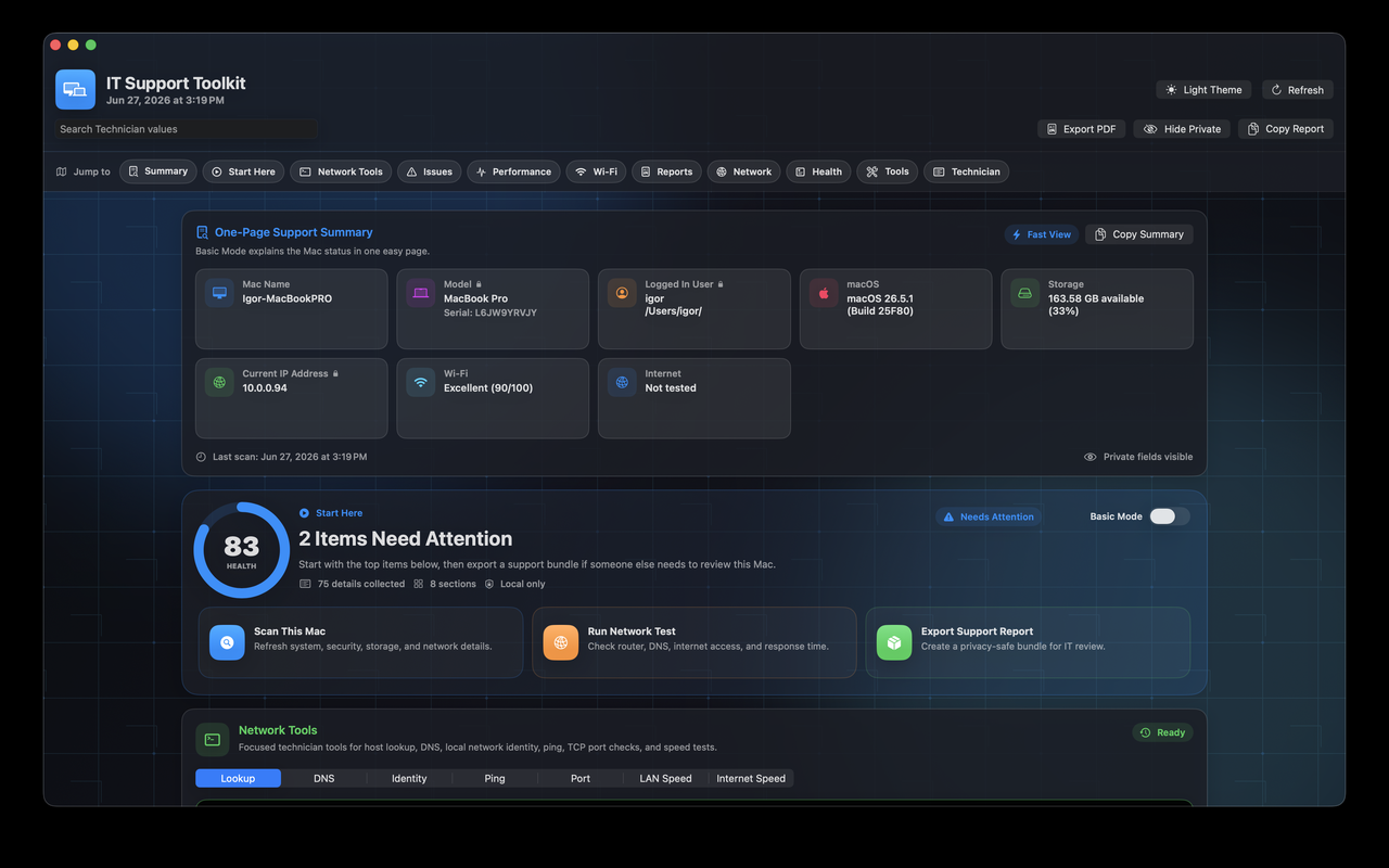 IT Support Toolkit dark summary screenshot