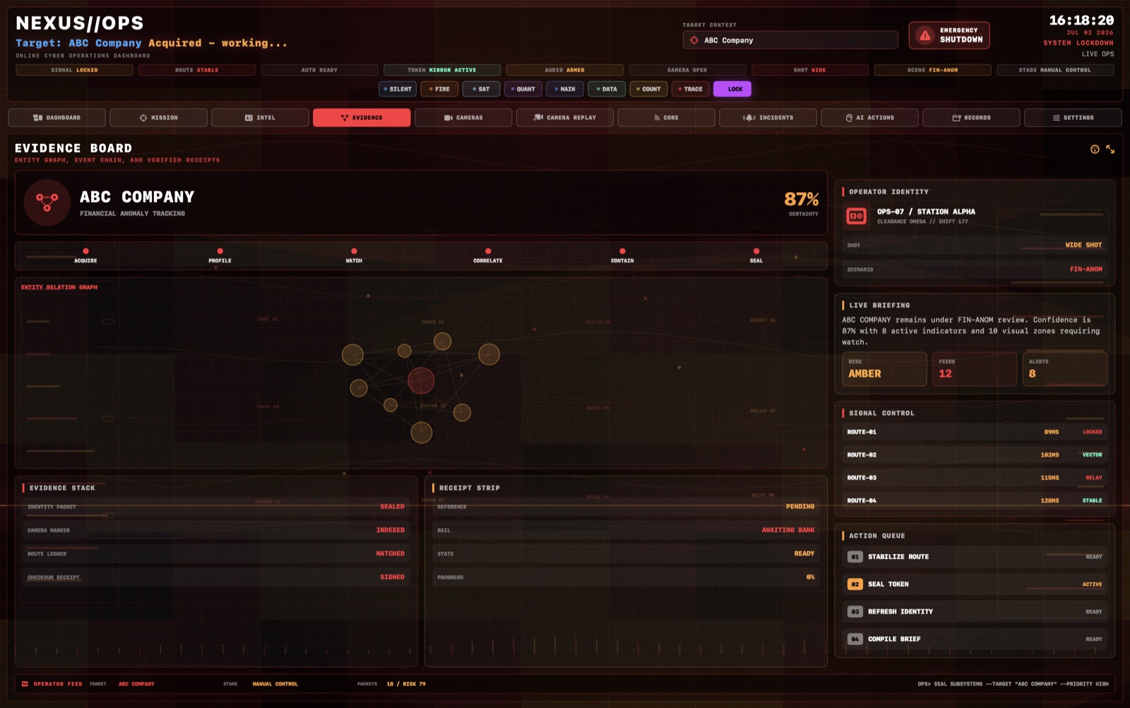 NEXUS OPS Evidence Board deck screenshot