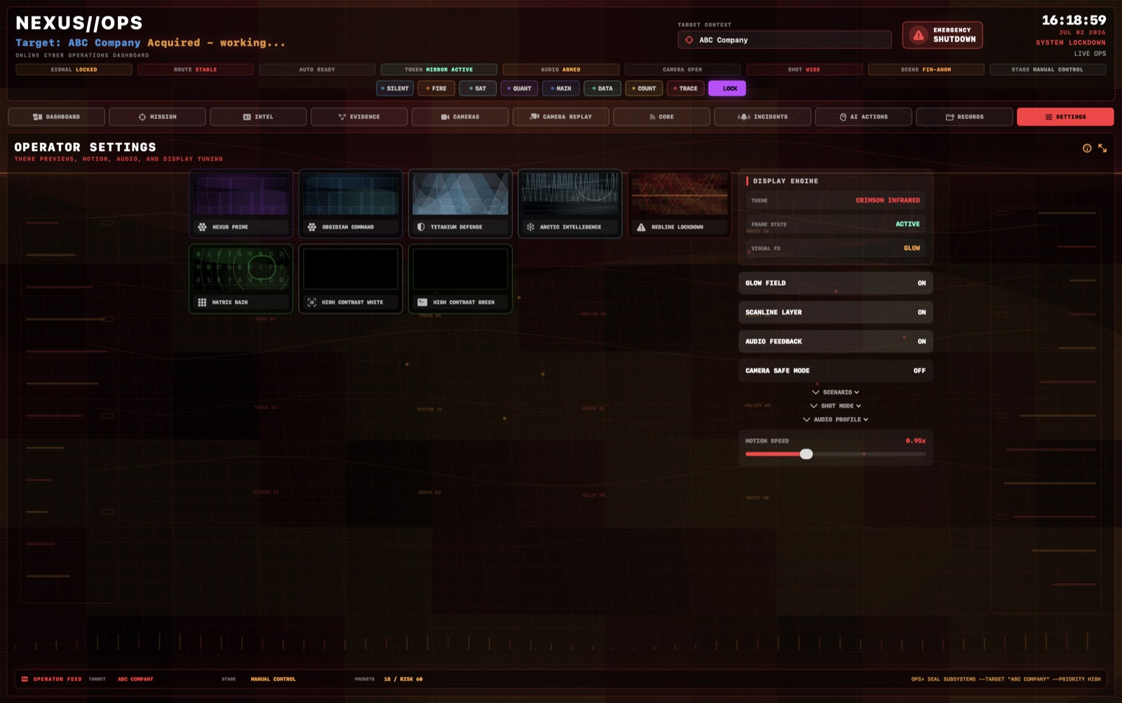 NEXUS OPS Operator Settings deck screenshot